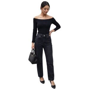 Neo Nostalgia Everyday Ceremony Y2K Black Ribbed Bardot Off Shoulder Top